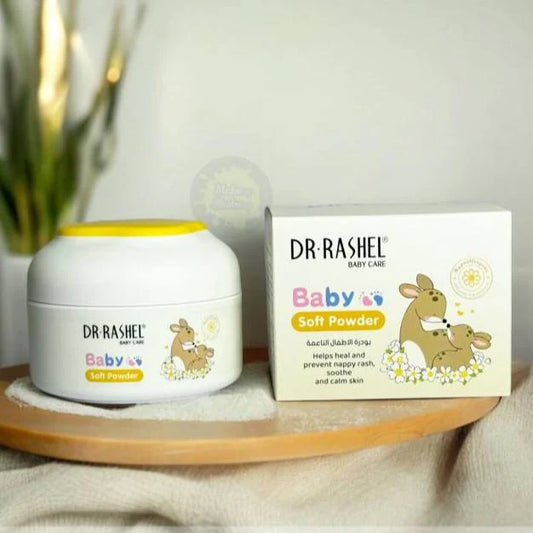 A white plastic jar of Dr. Rashel Baby Care Soft Powder
