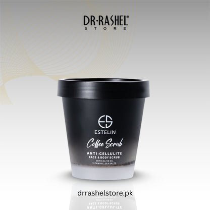 Black container of Estelin Coffee Scrub with Dr. Rashel Store branding on a light gray background.
