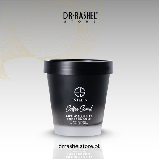 Black container of Estelin Coffee Scrub with Dr. Rashel Store branding on a light gray background.
