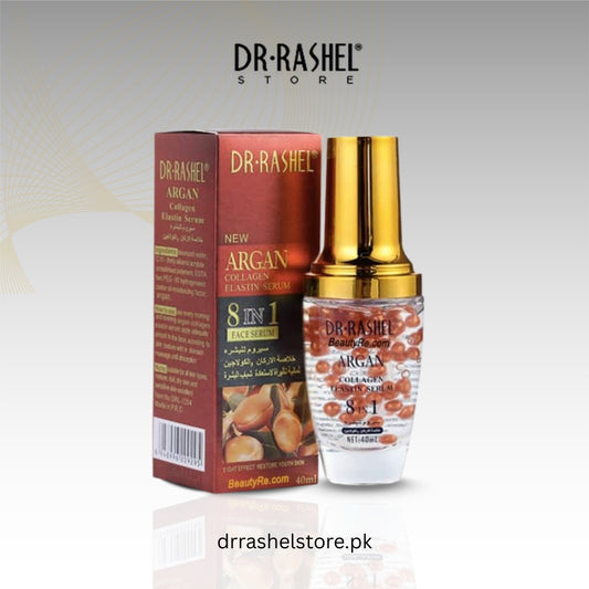 Dr. Rashel Argan Collagen Serum packaging with bottle on a light gray background