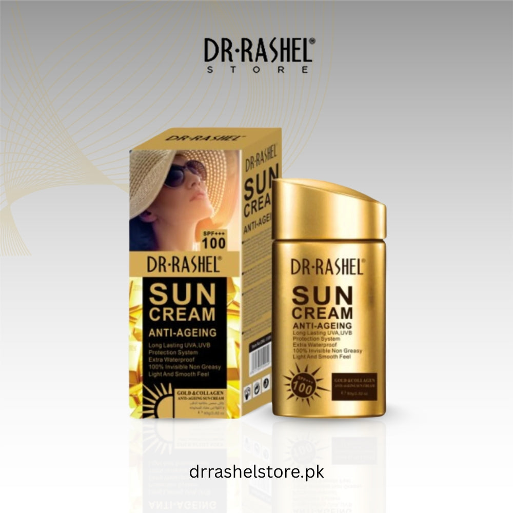 Dr. Rashel sun cream packaging on a light gray background