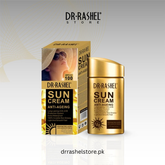 Dr. Rashel sun cream packaging on a light gray background