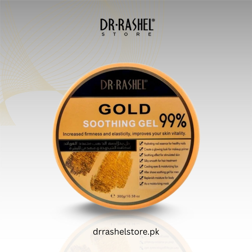 Dr. Rashel Gold Soothing Gel container on a light gray background
