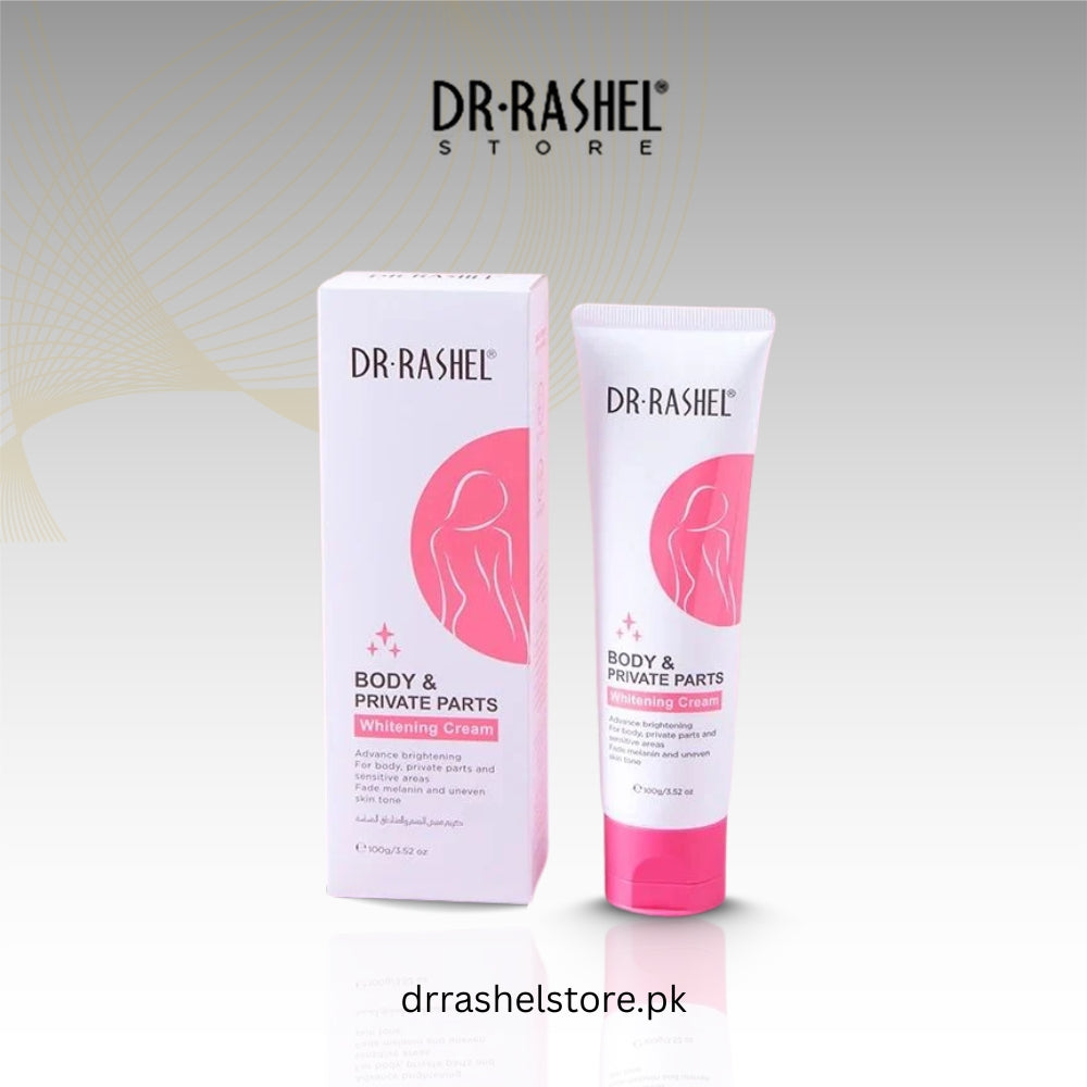 Dr. Rashel body and private parts cream packaging on a gray background