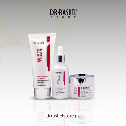 Dr. Rashel skincare products including cleanser, serum, and cream on a light gray background.