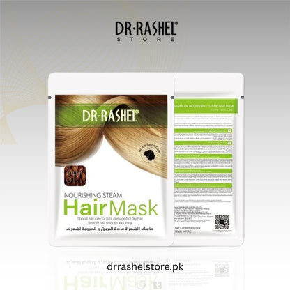 Dr. Rashel hair mask packaging with brand logo and product details on a light gray background.