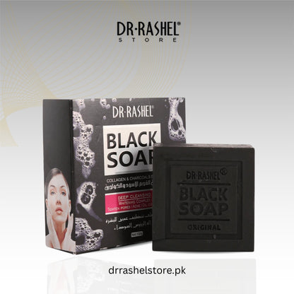 Dr. Rashel Black Soap bar and packaging on a light gray background