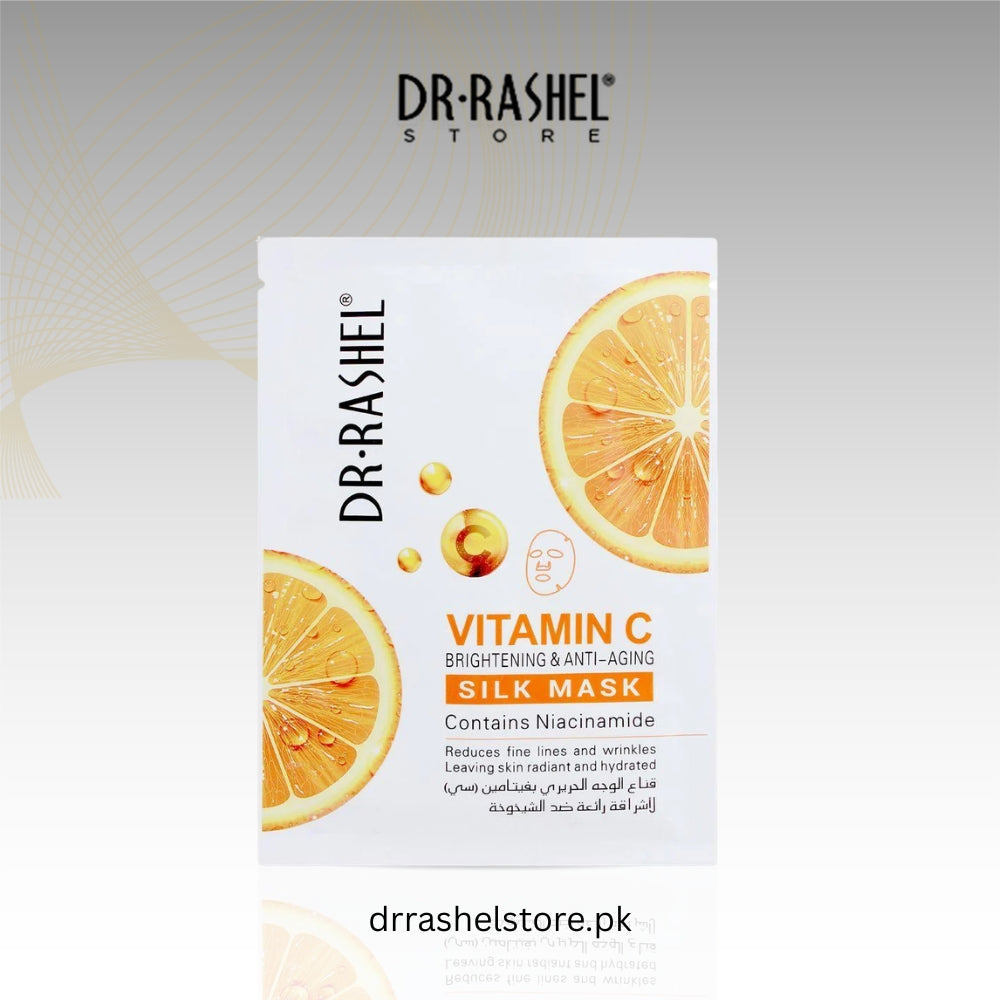Dr. Rashel Vitamin C silk mask packaging with orange slices on a light gray background