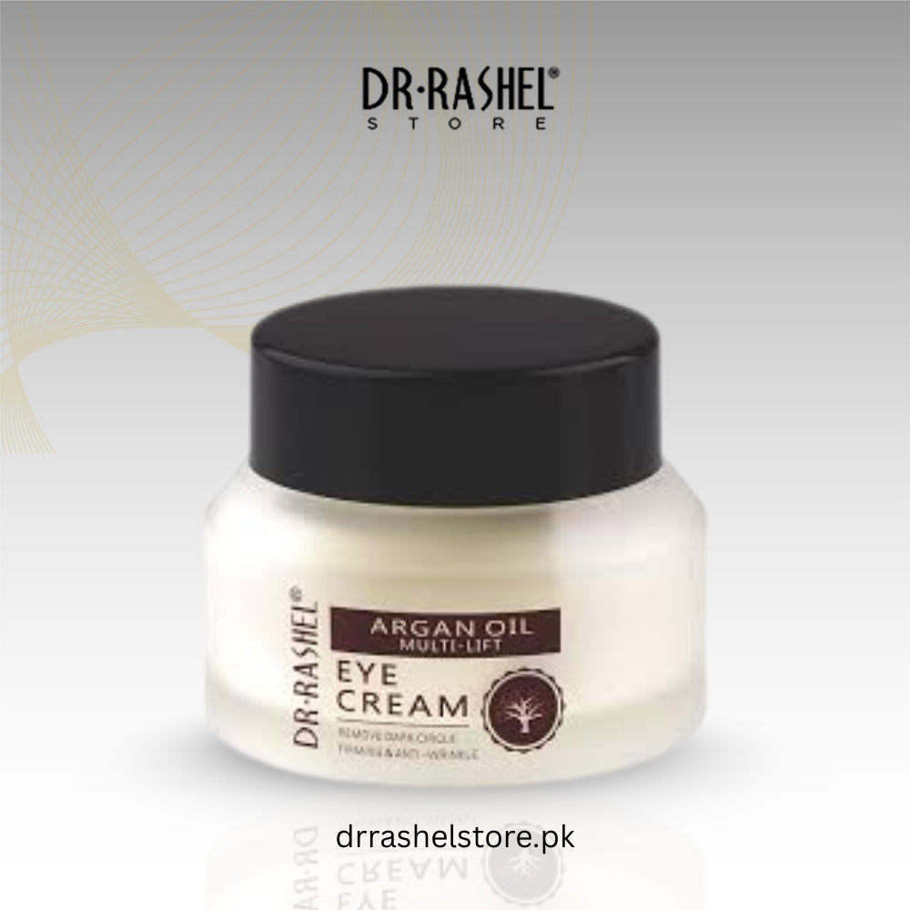 Dr. Rashel Argan Oil Multi-Lift Eye Cream jar with black lid on a light gray background