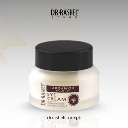 Dr. Rashel Argan Oil Multi-Lift Eye Cream jar with black lid on a light gray background