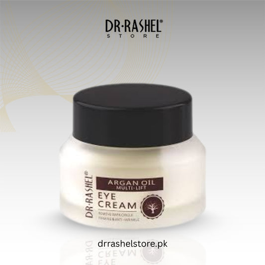 Dr. Rashel Argan Oil Multi-Lift Eye Cream jar with black lid on a light gray background