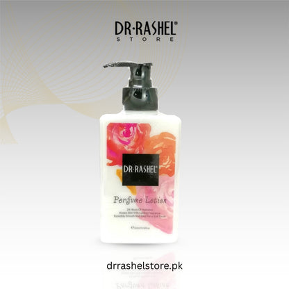 Dr. Rashel perfume lotion bottle with floral design on a gradient background