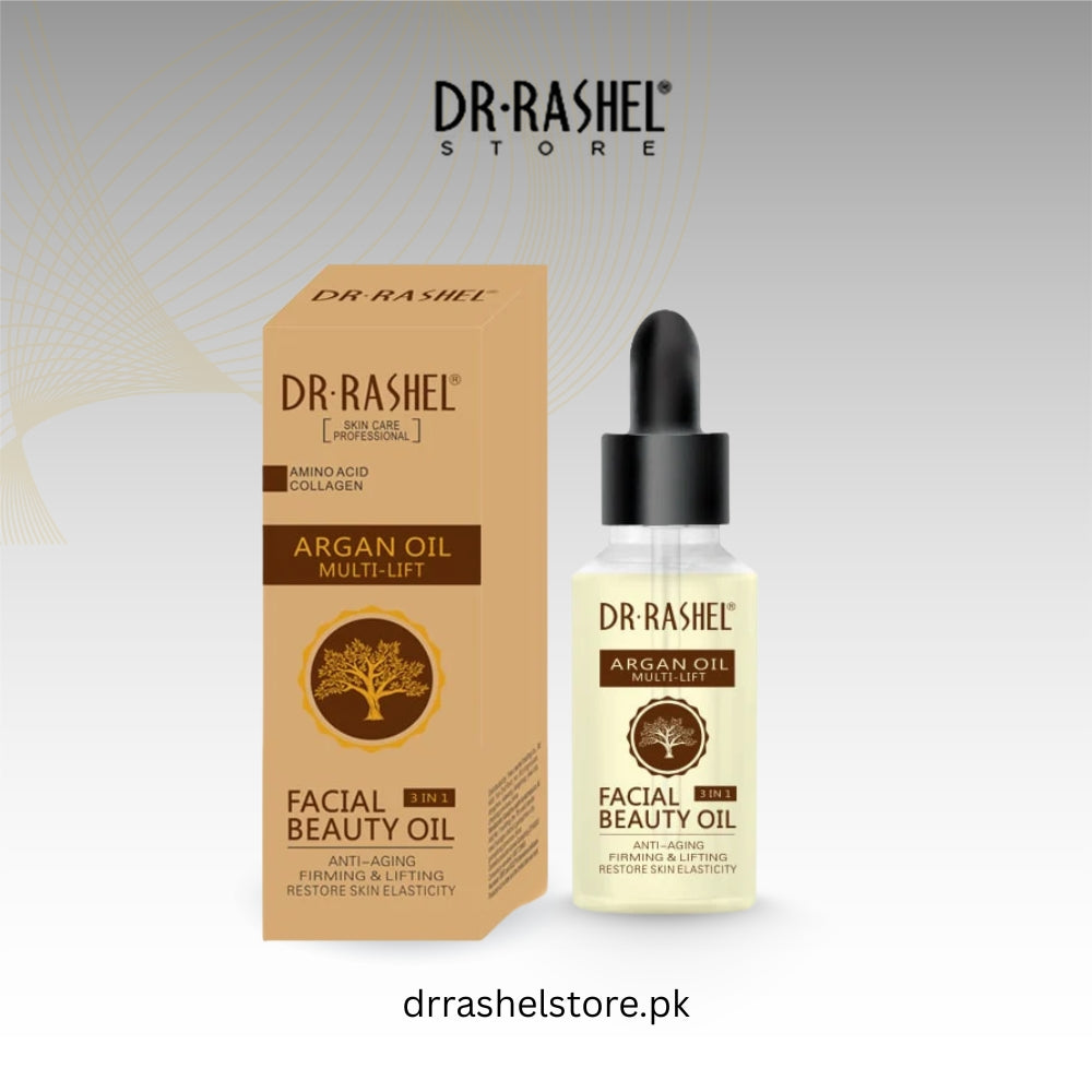 Dr. Rashel facial beauty oil bottle and packaging on a light gray background