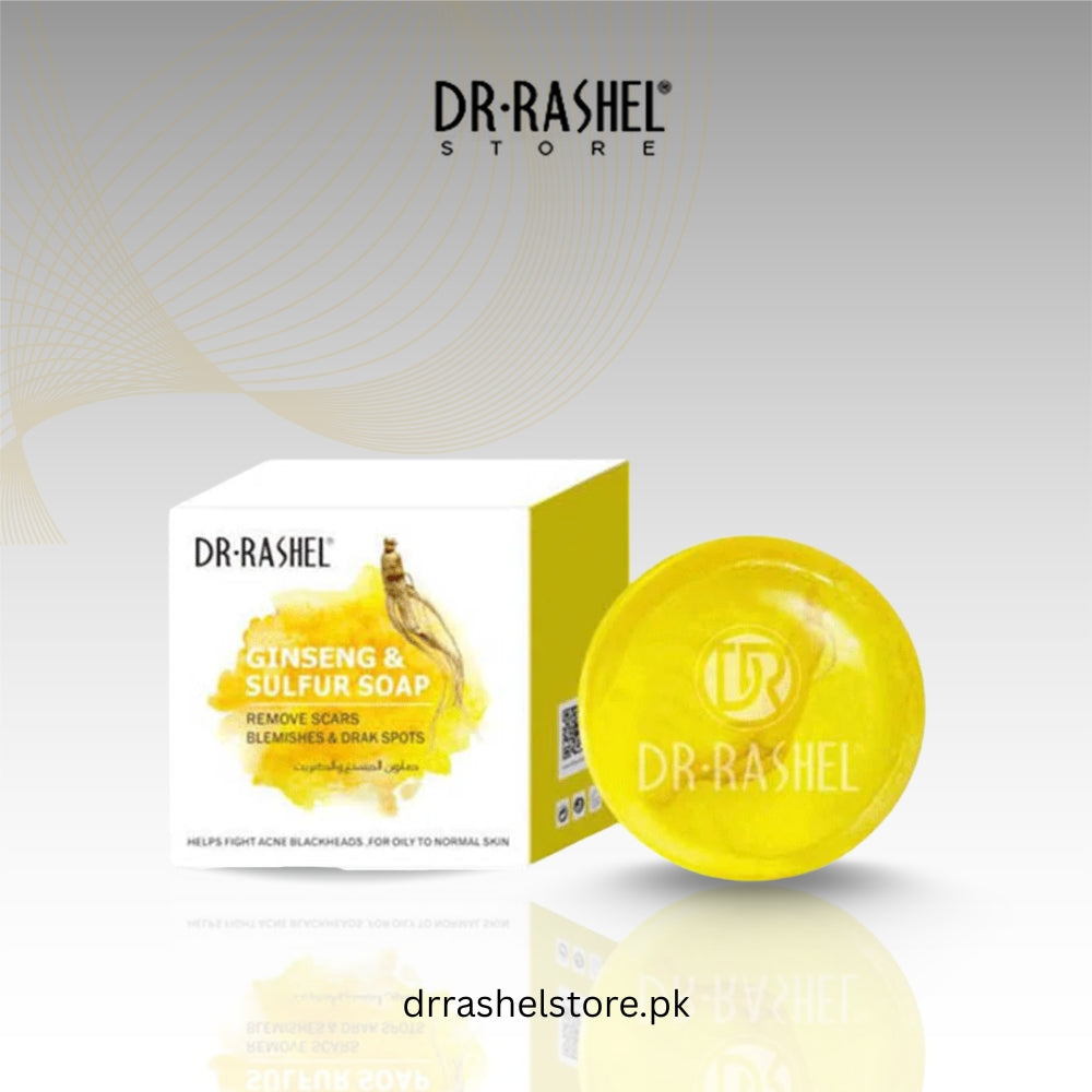 Dr. Rashel ginseng and sulfur soap packaging and bar on a light gray background