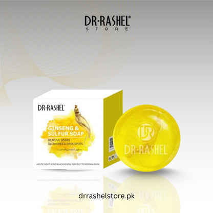 Dr. Rashel ginseng and sulfur soap packaging and bar on a light gray background