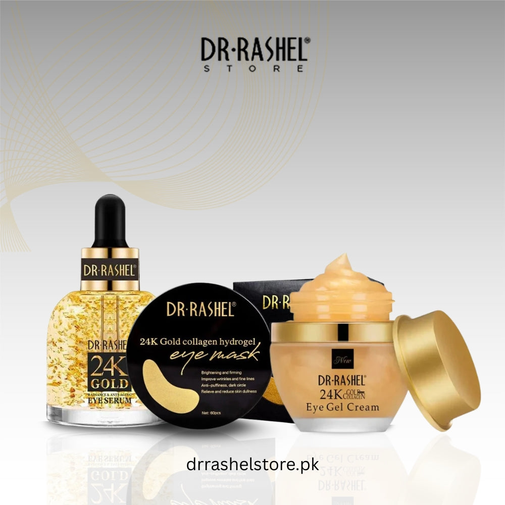 Dr. Rashel skincare products including serum, eye mask, and gel cream on a light background.