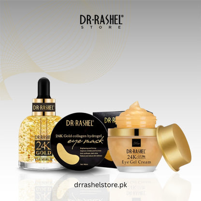 Dr. Rashel skincare products including serum, eye mask, and gel cream on a light background.