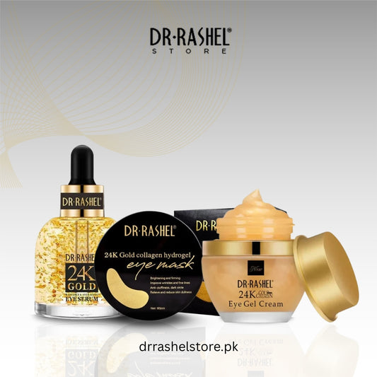 Dr. Rashel skincare products including serum, eye mask, and gel cream on a light background.