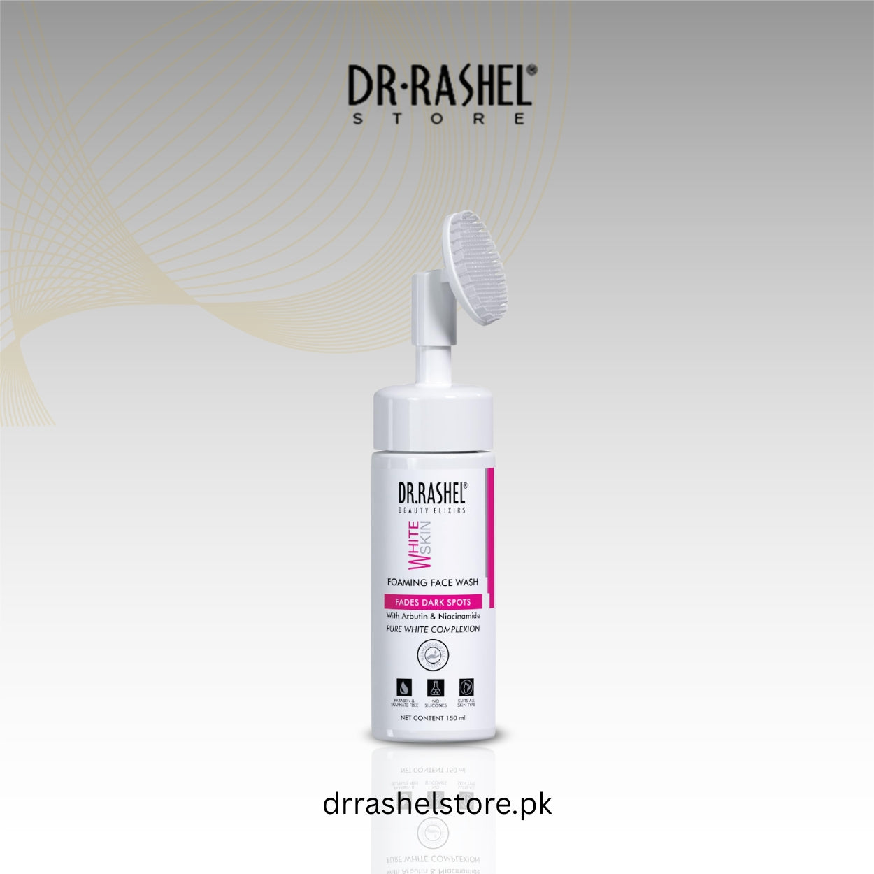 Dr. Rashel face wash bottle with brush on a light gray background