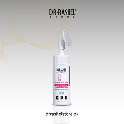 Dr. Rashel face wash bottle with brush on a light gray background