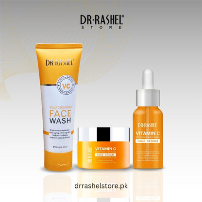 Dr. Rashel skincare products including face wash, cream, and serum on a light gray background.