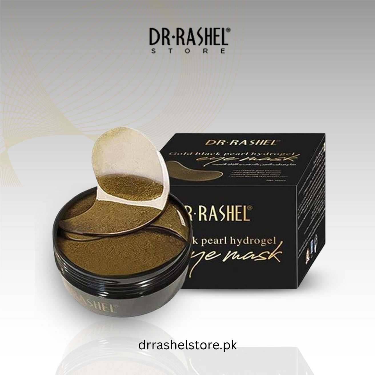 Dr. Rashel gold black pearl hydrogel eye mask with packaging on a light gray background