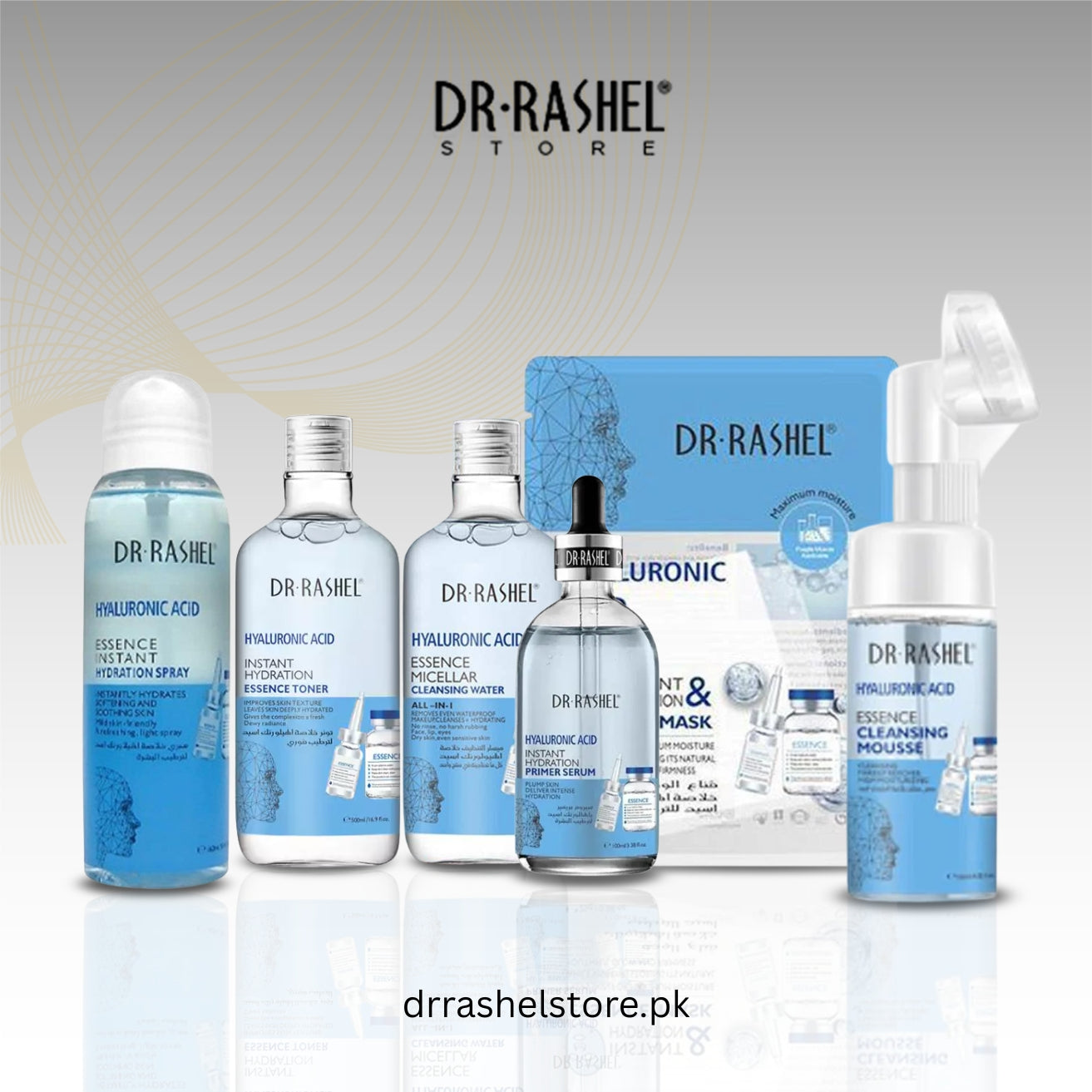 Dr. Rashel skincare products on a reflective surface with a gray gradient background.