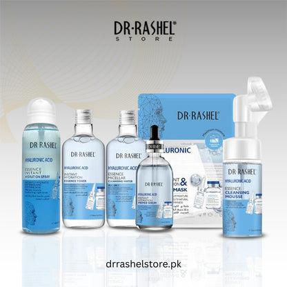 Dr. Rashel skincare products on a reflective surface with a gray gradient background.