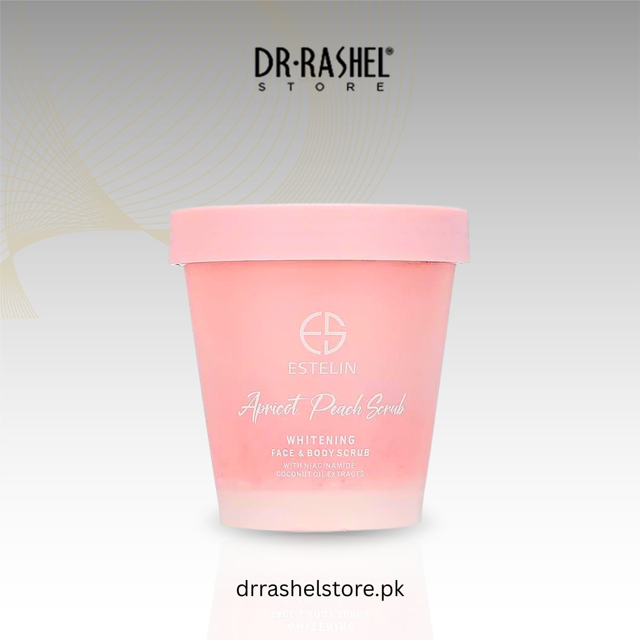 Pink container of Estelina Apricot Peach Scrub with Dr. Rashel branding on a light gray background.