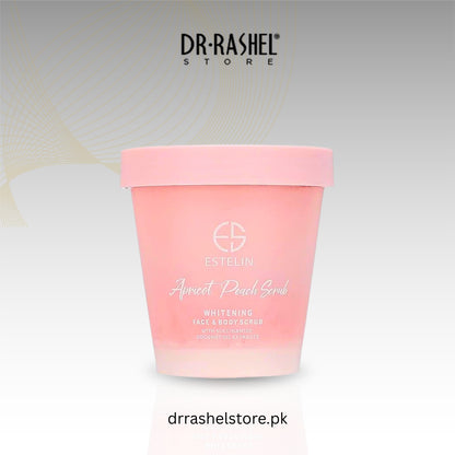 Pink container of Estelina Apricot Peach Scrub with Dr. Rashel branding on a light gray background.