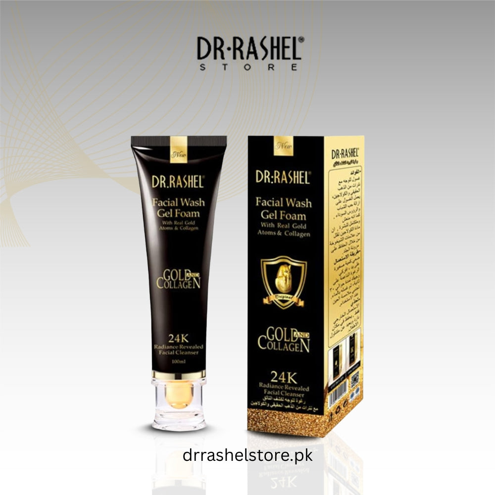 Dr. Rashel 24K Gold Collagen Facial Wash Gel Foam with packaging on a light gray background.