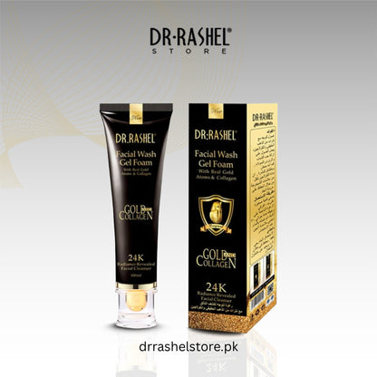Dr. Rashel 24K Gold Collagen Facial Wash Gel Foam with packaging on a light gray background.