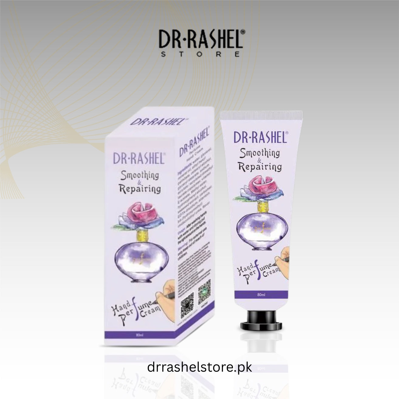Dr. Rashel hand cream packaging with box on a light gray background