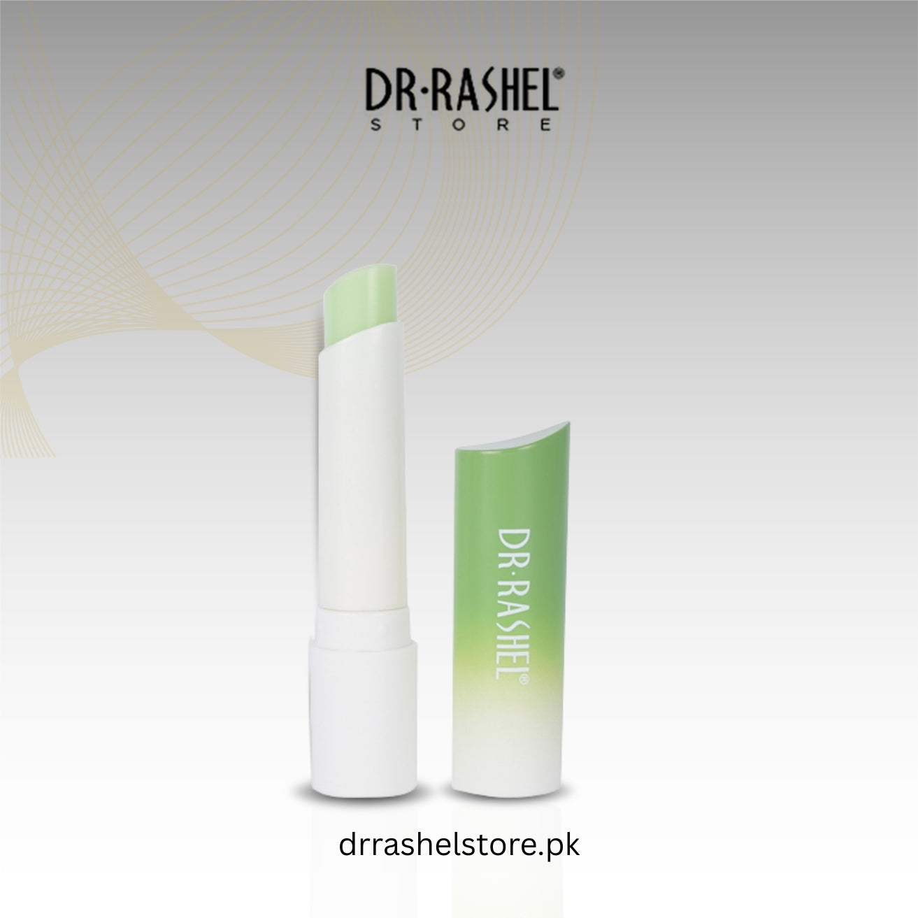 Two lip balms with a gradient design on a light gray background, branded as Dr. Rashel.