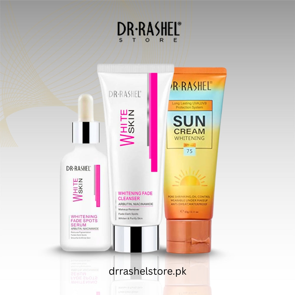 Dr. Rashel skincare products including serum, cleanser, and sunscreen on a gradient background.