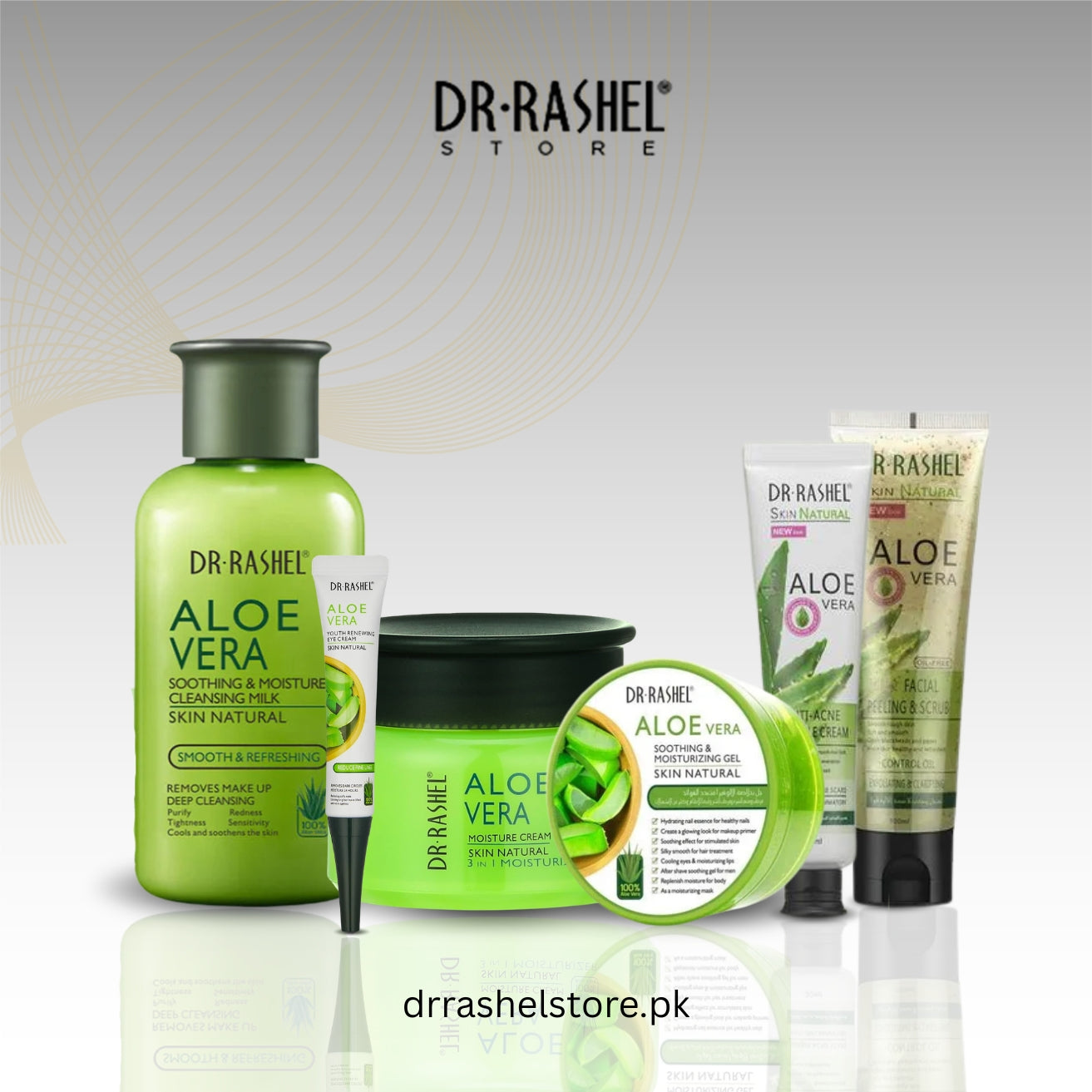 Dr. Rashel aloe vera skincare products on a reflective surface with a gray gradient background.