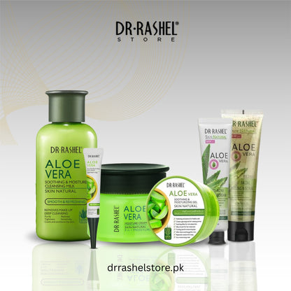 Dr. Rashel aloe vera skincare products on a reflective surface with a gray gradient background.