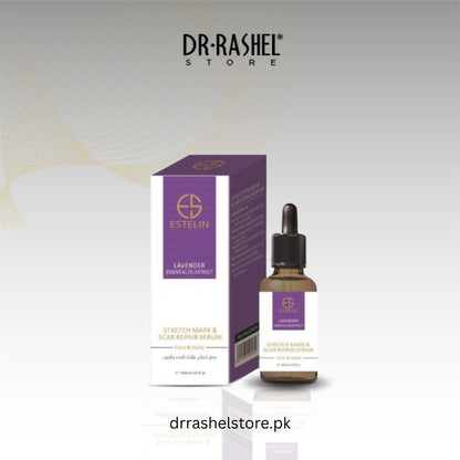 Dr. Rashel lavender essential oil bottle and packaging on a light gray background