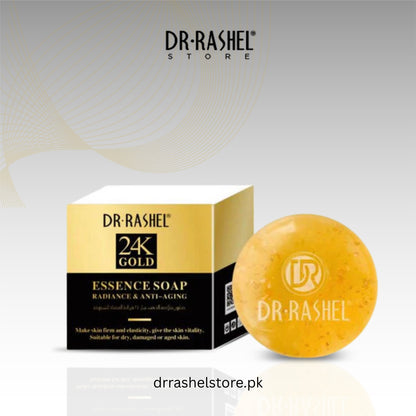 Dr. Rashel 24K Gold Essence Soap packaging with soap bar on a light gray background