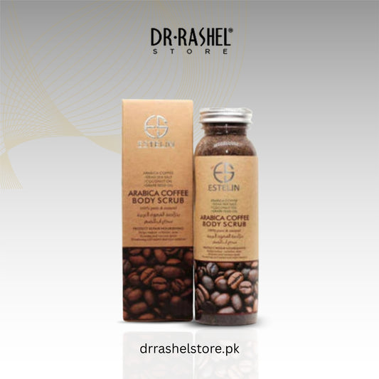 Estelun Arabica Coffee Body Scrub packaging with coffee beans on a light gray background, featuring Dr. Rashel Store branding.