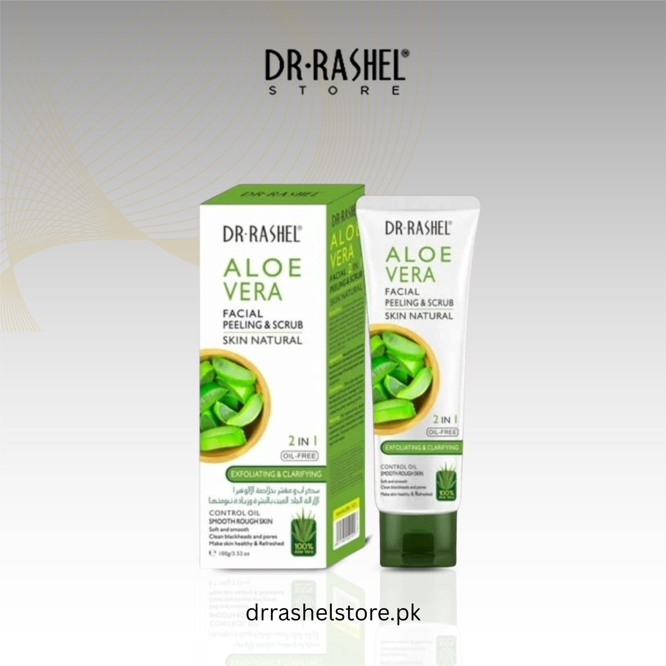 Dr. Rashel Aloe Vera facial product packaging on a light gray background