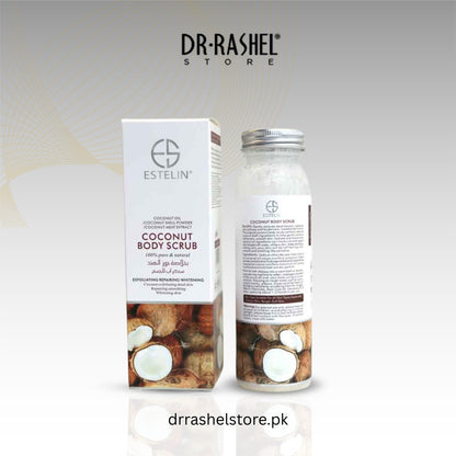 Estelin Coconut Body Scrub packaging with Dr. Rashel branding on a light gray background