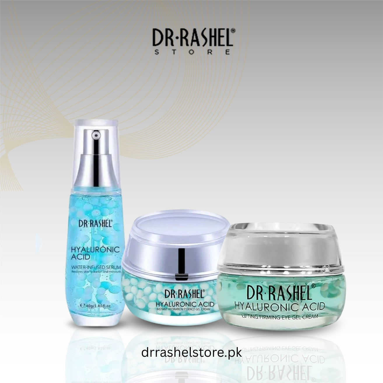 Dr. Rashel skincare products including a serum and cream on a light background with brand logo.
