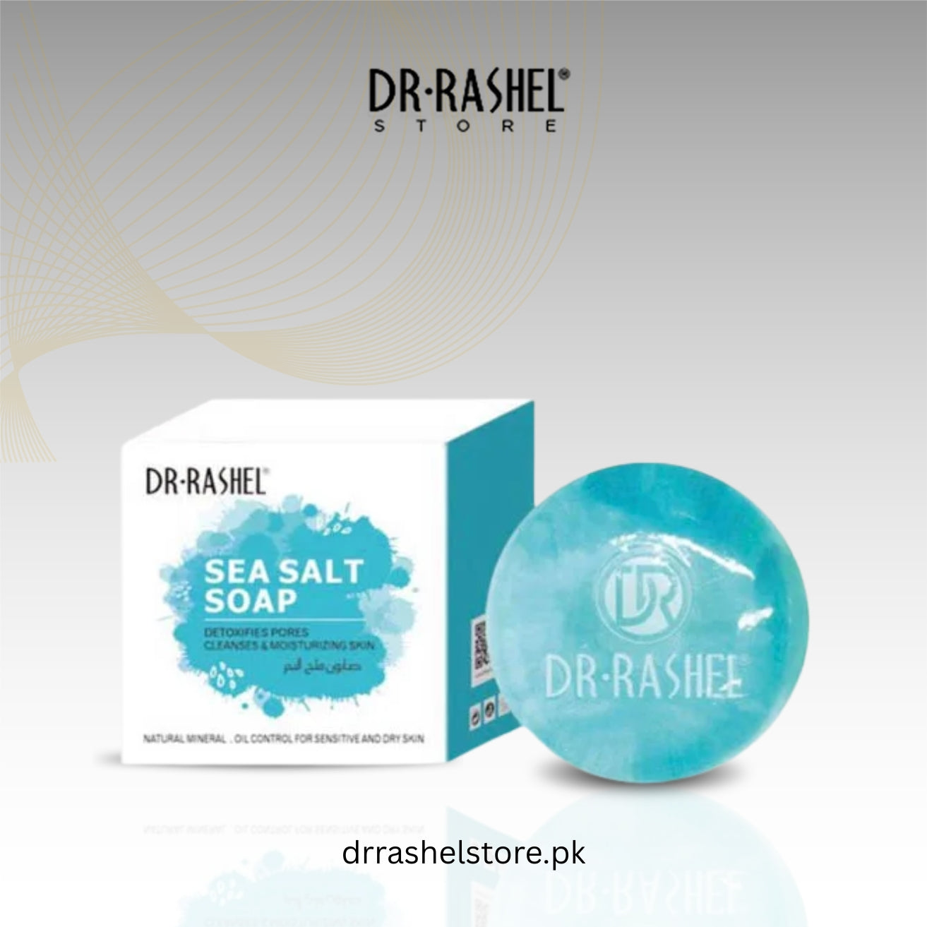 Dr. Rashel sea salt soap with packaging on a light gray background