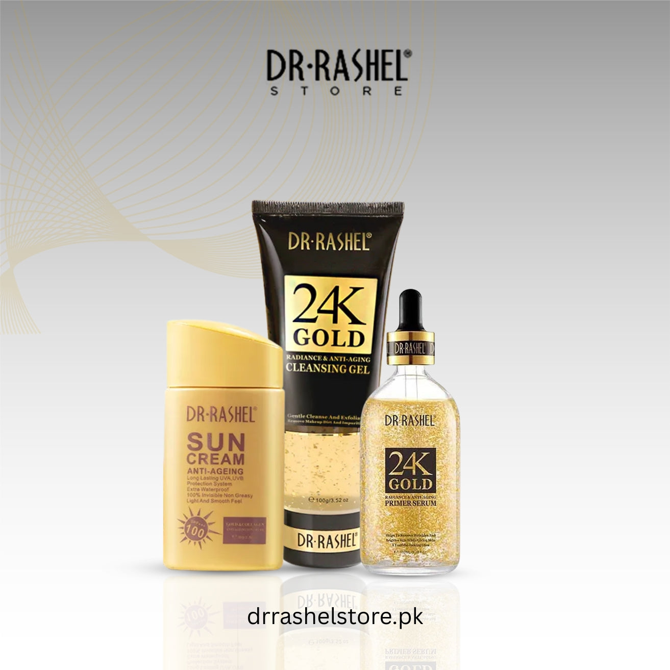 Dr. Rashel skincare products including sun cream, cleansing gel, and serum on a light gray background.