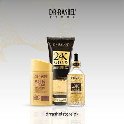Dr. Rashel skincare products including sun cream, cleansing gel, and serum on a light gray background.