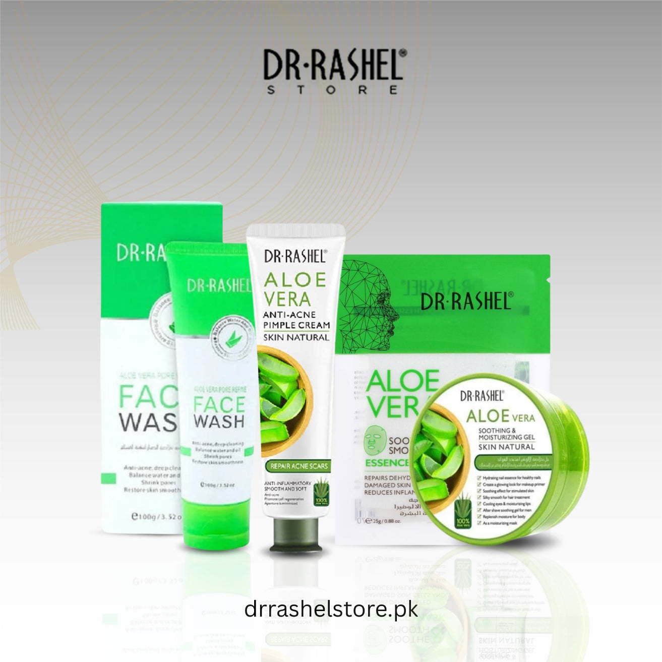 Dr. Rashel skincare products including face wash, cream, and gel on a white background with brand logo.
