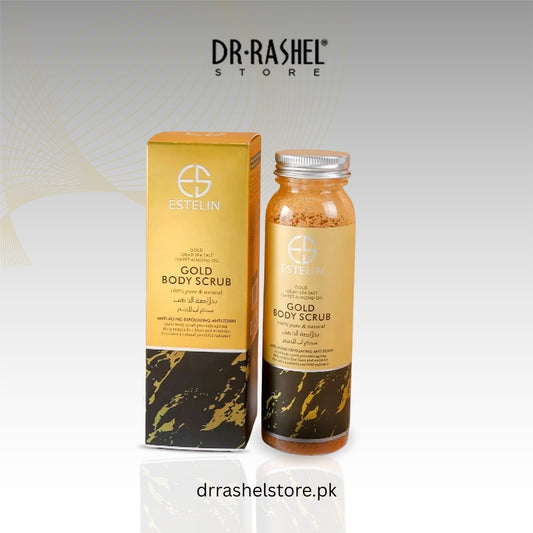 Estelin Gold Body Scrub packaging with Dr. Rashel branding on a light gray background