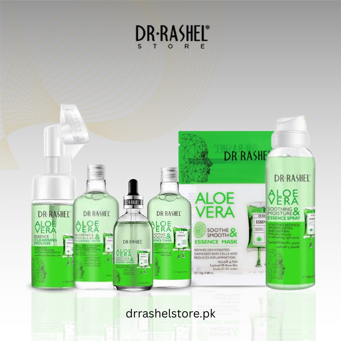 Dr. Rashel aloe vera skincare products on a white background with brand logo.