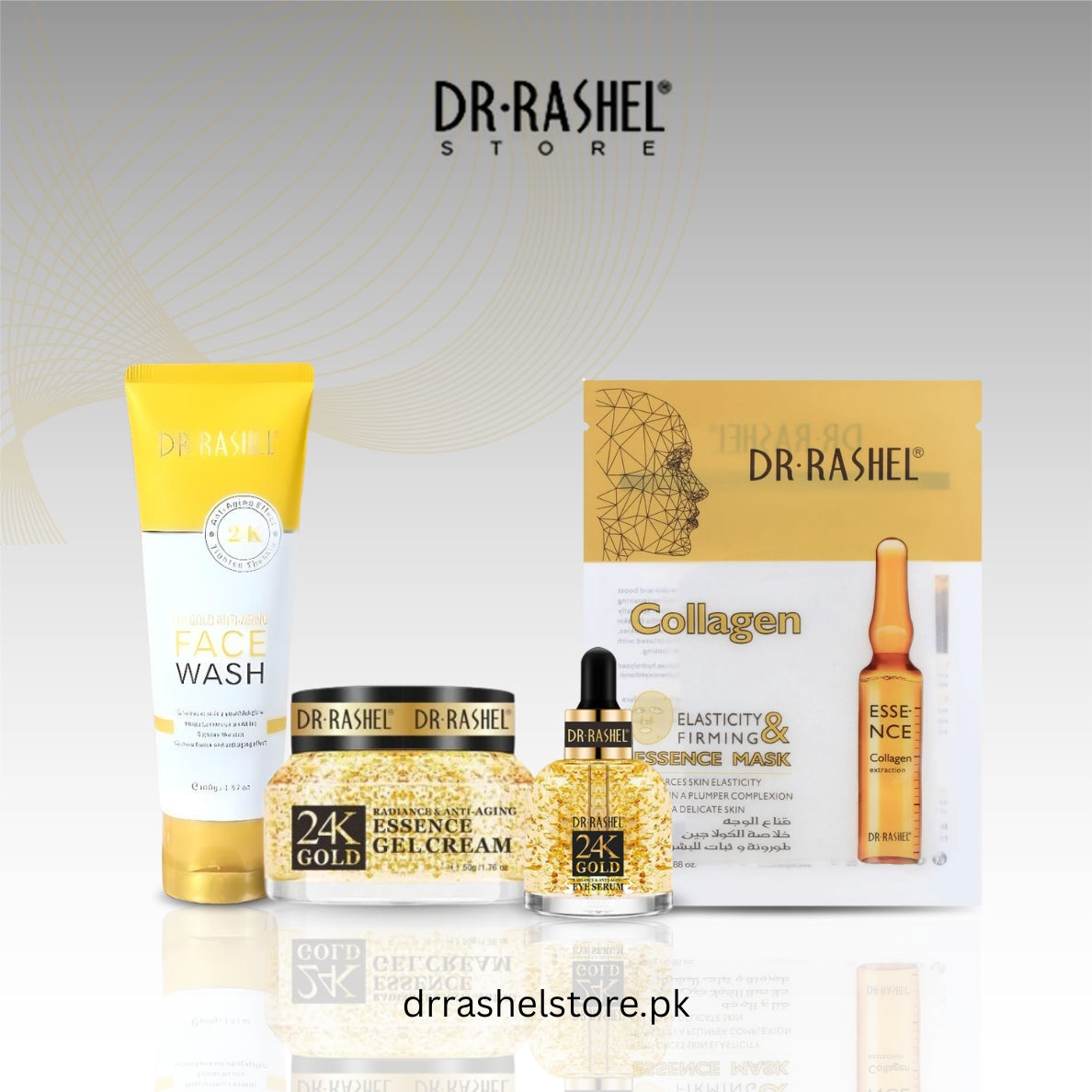 Dr. Rashel skincare products including face wash, gel cream, essence, and mask on a light gray background.